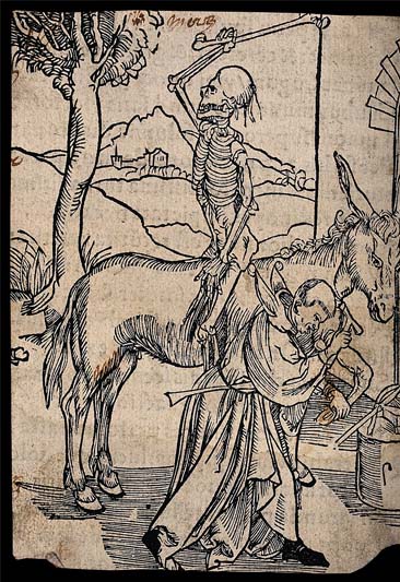 A skeleton sits backwards on a horse waiting for a blacksmith, dressed as a fool, to finish his job. Woodcut.