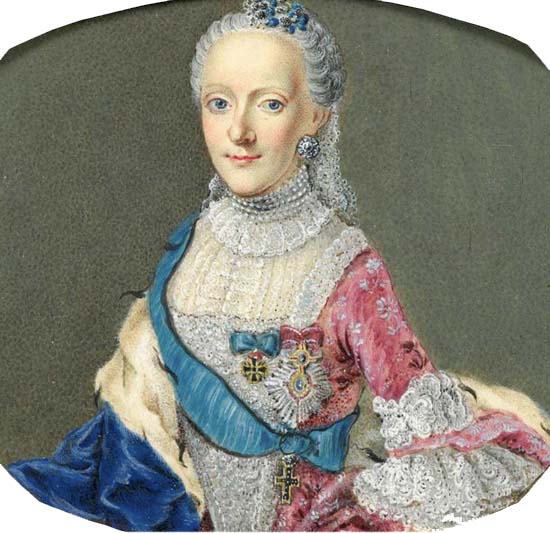 An older woman who was the daughter of the Duke of Brunswick-Wolfenbüttel. She's wearing an expensive-looking court dress and the blue ribbon of the Order of Gandersheim, the cross of St Catherine, another cross, and a blue jewelled crucifix at her waist.
