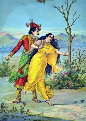 A pastel mountain and river backdrop for a colorfully painted man in a red and green Indian-styled outfit grabbing a woman in a yellow sari.