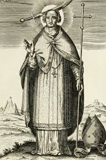 A black-and-white woodcut of a saintly figure with a scimitar lodged in the top of his head and his bishop's hat on the ground