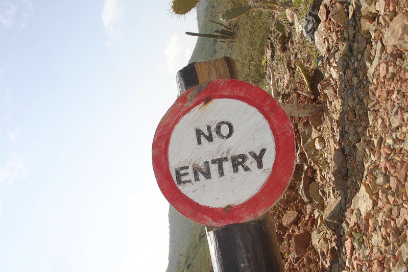 A graphic no entry signed posted on a tree trunk.