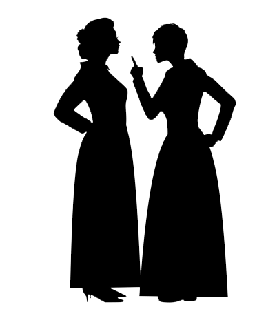 Black silhouettes of two woman in long gowns, with one shaking her finger at the other, against a white background