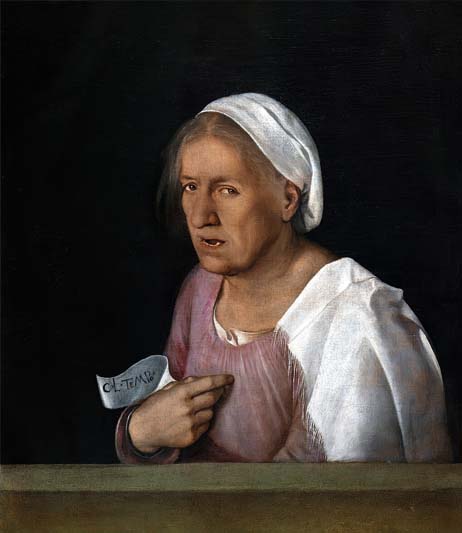 An oil-on-canvas portrait of an old woman.