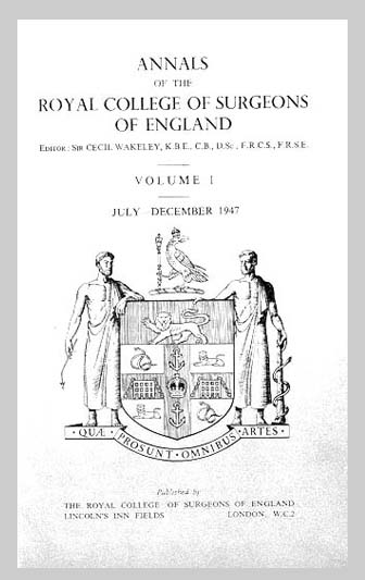 Black-and-white image of volume 1 of the Royal College of Surgeons history for 1947