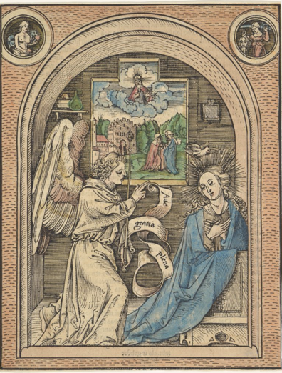 A woodblock print in pastels of the angel Gabriel telling the Virgin Mary she will give birth to Jesus
