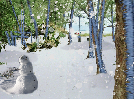 Snow falling on a Florida beach and a snowman watching over