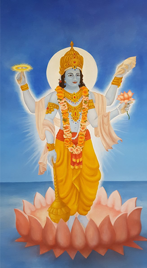 A colorful depiction of the god Vishnu