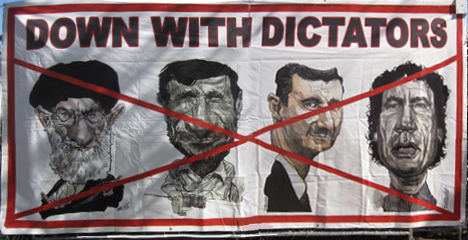 A poster with four tyrants pictured and a red cross xing them out