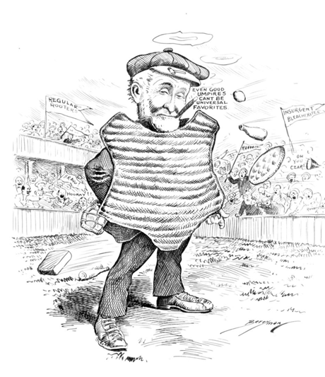 A pen-and-ink cartoon of an umpire standing on the field with the fans in an uproar.
