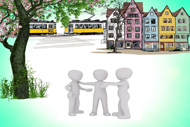 An ink and watercolor graphic with trollies in the background, tall townhouses on the right, a tree in bloom on the left, and in the forefront are three white anonymous figures. The one in the middle has a hand on the other two's shoulder.