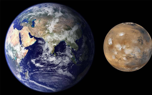 The blues, greens, and browns of planet earth is on the left while the browns of the planet Mars is on the right against a black background.