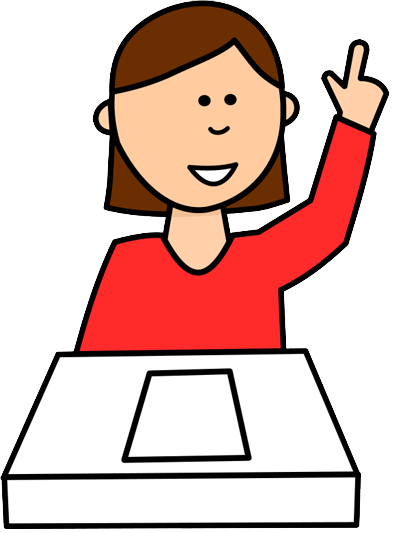 A simple graphic of a student in a red T-shirt sitting at a desk raising her hand