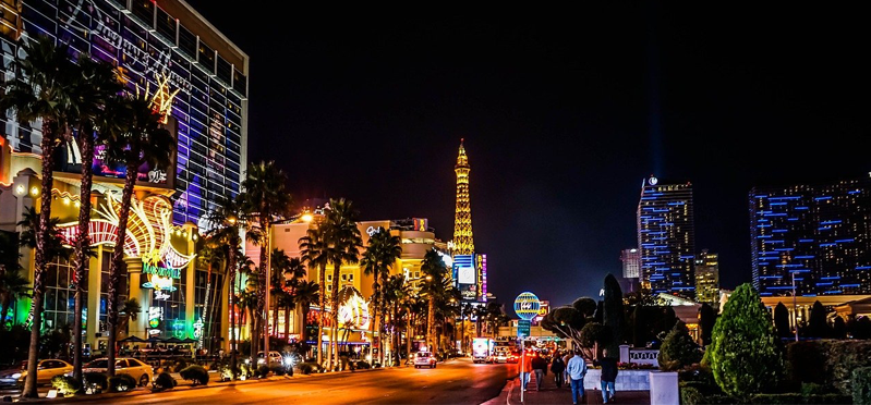A colorful Las Vegas Strip lit up at night