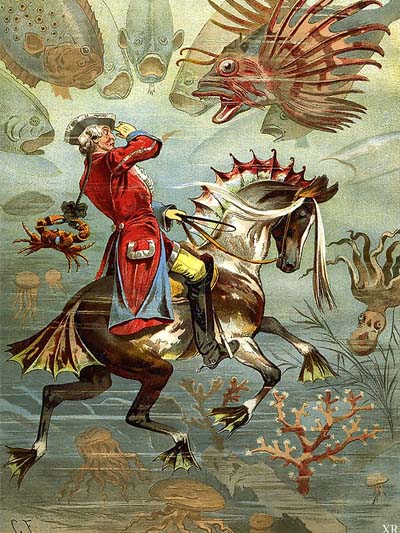 A cartoon graphic of a baron on a racing brown-and-white fish horse as he encounters a myriad of fish under the sea.
