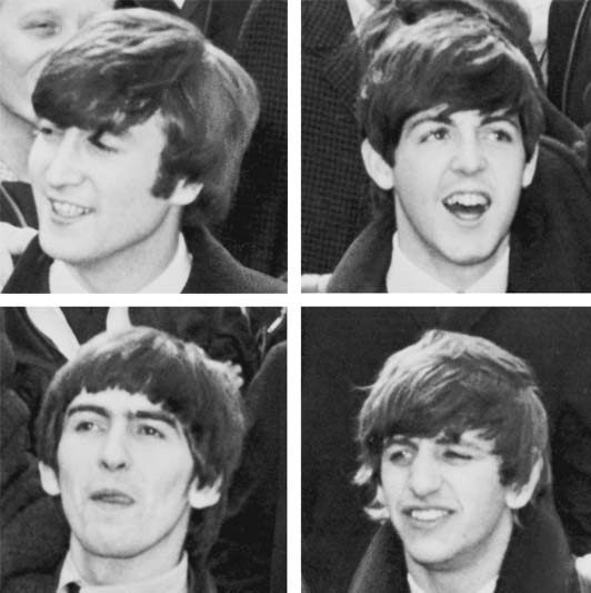Four individual black-and-white photos of the Beatles