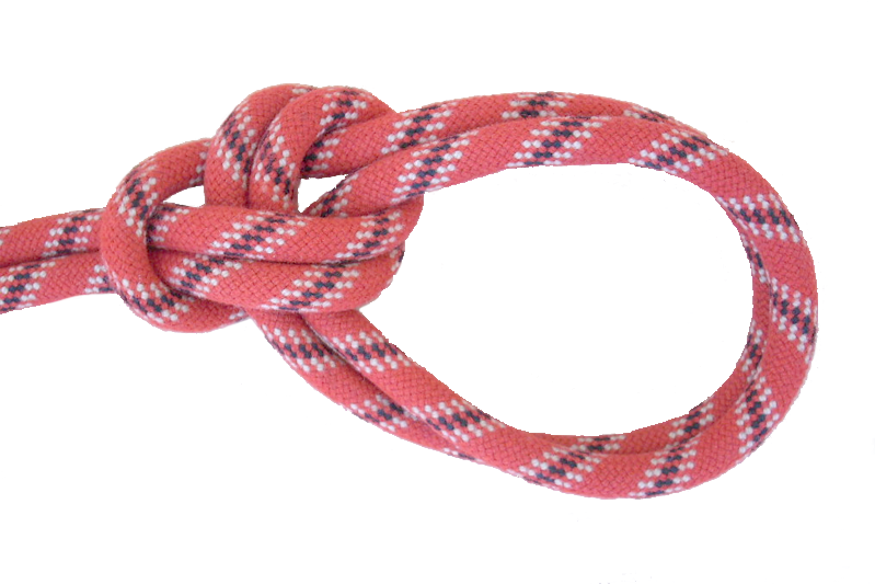 A red rope with white and black lines is tied in an intricate knot