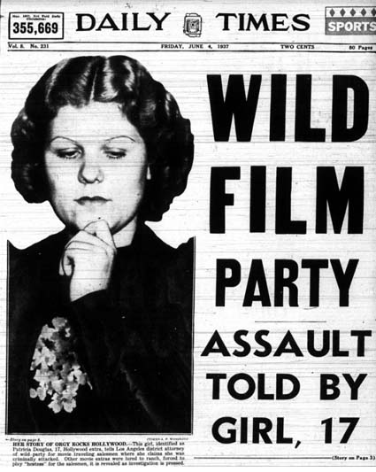 A newspaper cover of Patricia Douglas with the Daily News headline, Wild Film Party Assault Told By Girl, 17 in which Douglas came forward about her assault.