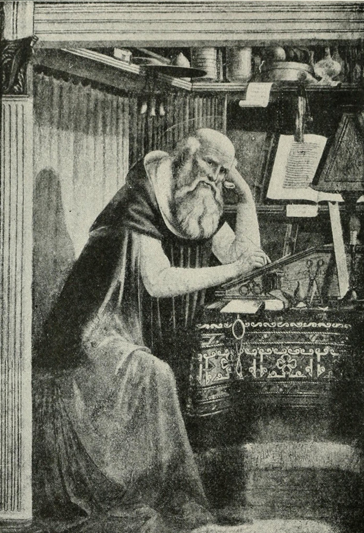 Bearded man in robe writing on a slanted desk, looking bored