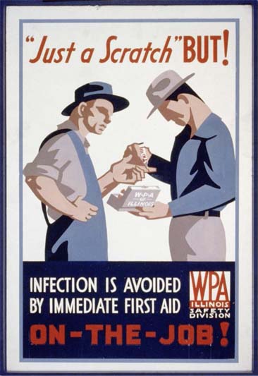 Wood-cut style Poster for Illinois WPA Safety Division promoting immediate treatment of on-the-job injuries