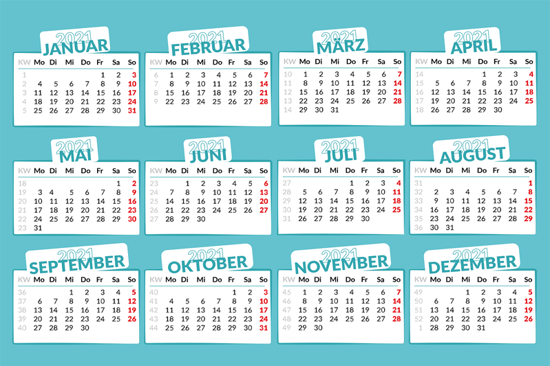 Twelve months worth of calendars on a turquoise background