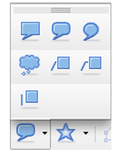 Nine examples of different callouts in a Callout panel in NeoOffice Writer Draw Toolbar.