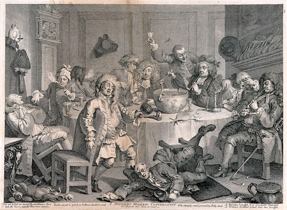 A drunken party with men smoking, sleeping and falling to the floor.