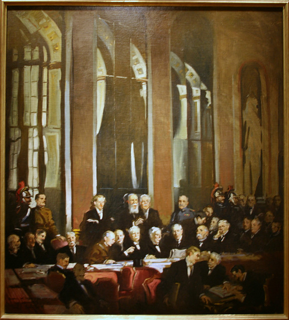 An oil on canvas by John Christen Johansen of the men involved in signing the treaty grouped around a table