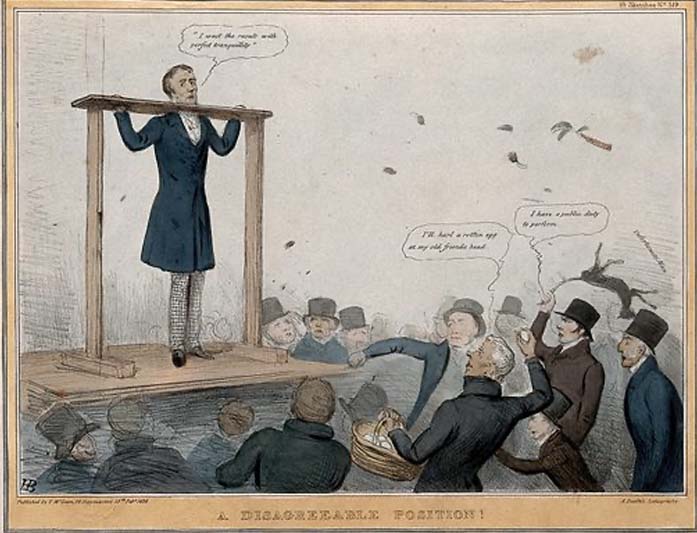 A vintage cartoon graphic of a man in the stocks being pelted with garbage