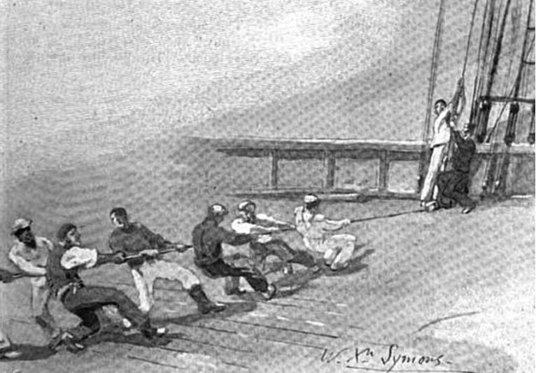 A black-and-white illustration of sailors hauling on halyard, from an article on sailor chanteys.