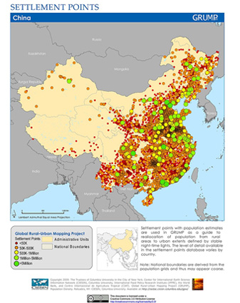 On this map, the gray background surrounds the yellow of the country of China with assorted colored dots showing settlements with their population densities.