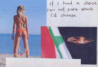 Woman in an orange bikini on the left and a woman in a burkha on the right