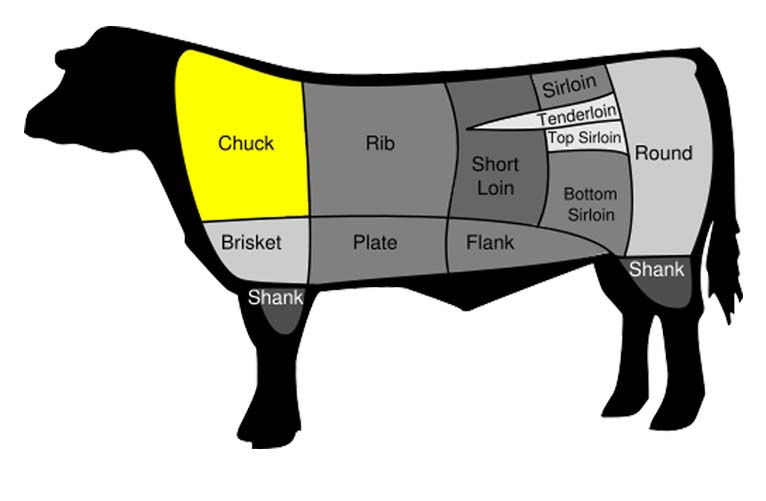 A black-and-gray graphic of a cow in profile with a yellow section denoting the location of the chuck