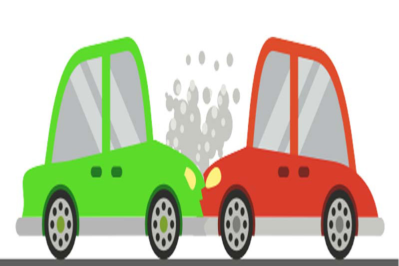 Cartoon graphic of two cars colliding into each other.