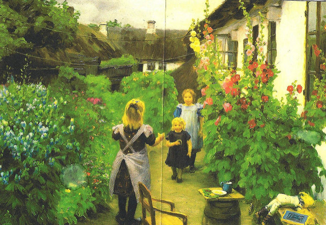 A sidewalk next to an old cottage bordered with tall flowers and children with arms upraised greeting each other