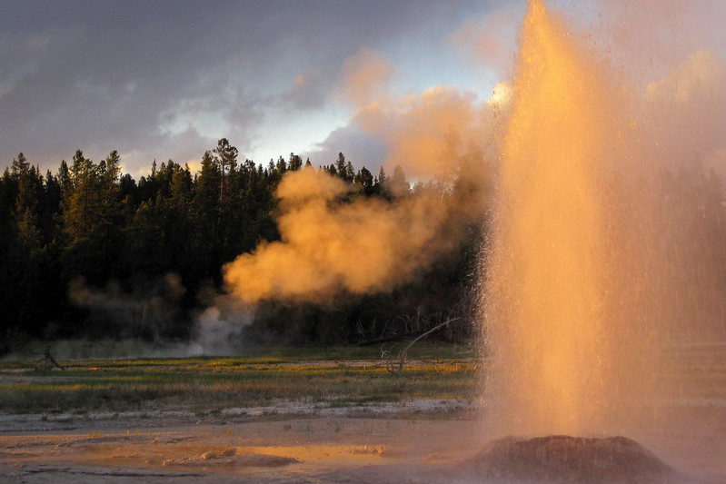A geyser erupting at sunset in Yellowstone Park