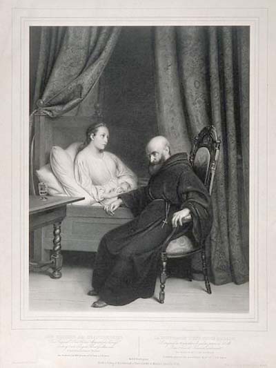 A black-and-white image of a young girl on her sickbed with a priest in a chair next to her.