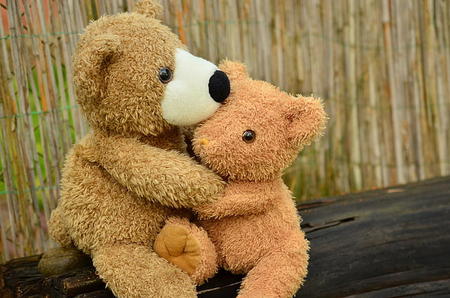 Two light brown teddy bears sitting on a log with their arms around each other.