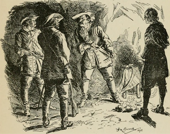 Etching of four men in costume talking underground