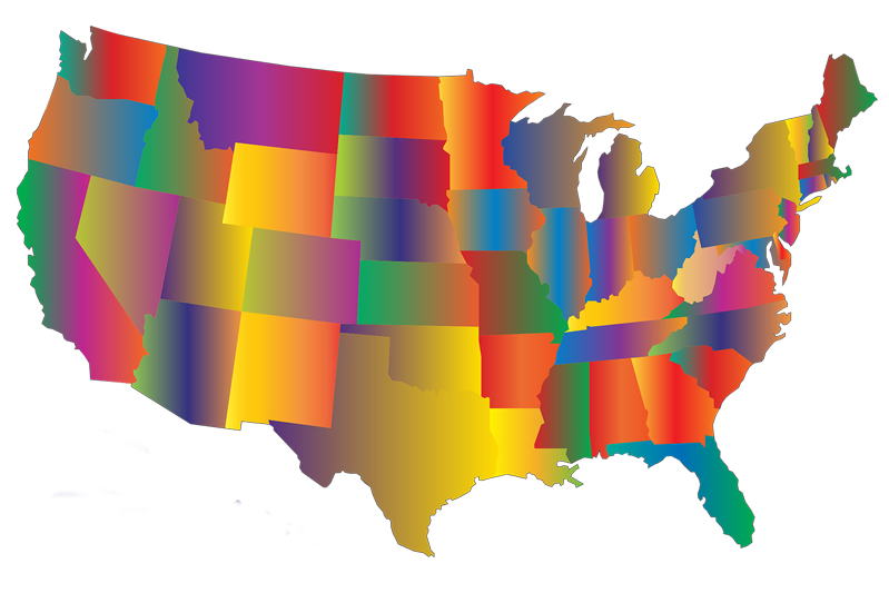 A map of the 48 united states in a rainbow of colors