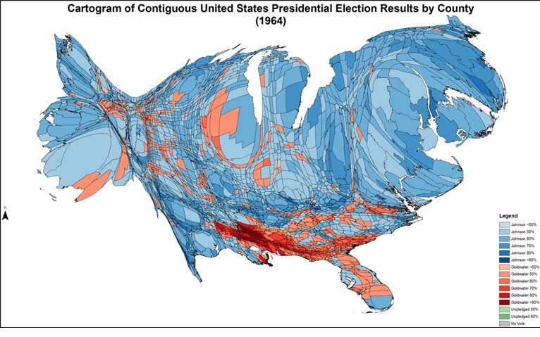Cartogram of presidential election results by county (1964). Colors based on Colorbrewer 2.0.