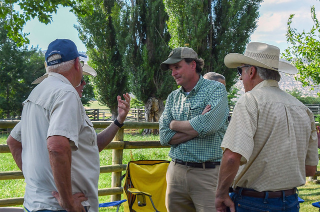 Three men in shirt sleeves in the forefront of fa grass-filled and fenced-in pasture on a summemr day.