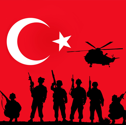 The silhouettes of six soldiers and a hovering helicopter against the background of the Turkish flag with its red background and white crescent moon and star in the upper left corner