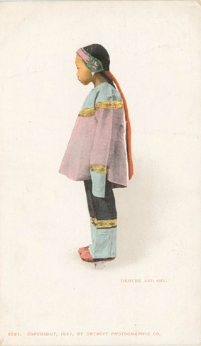A postcard with the profile of a young Chinese girl in a bulky tunic and pants