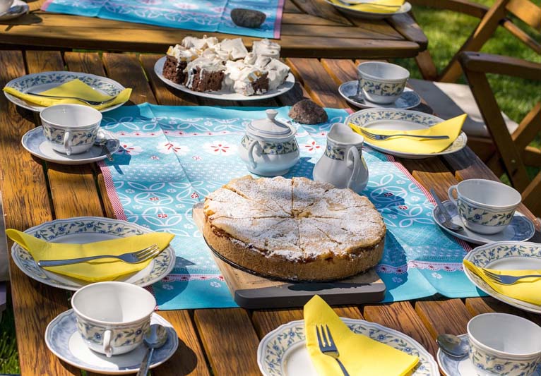 An outdoor table set with desserts, plates, napkins, cups and saucers, and more.