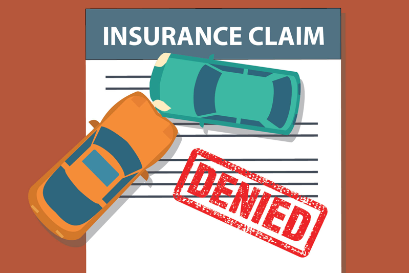 Insurance claim form with two cars colliding and large red DENIED stamp indicating car insurance company denial of a claim