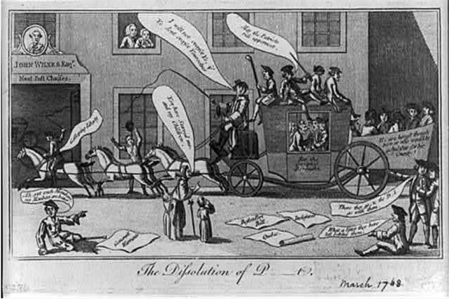 A black-and-white cartoon print showing member sof Parliament riding in a large coach with speech bubbles.