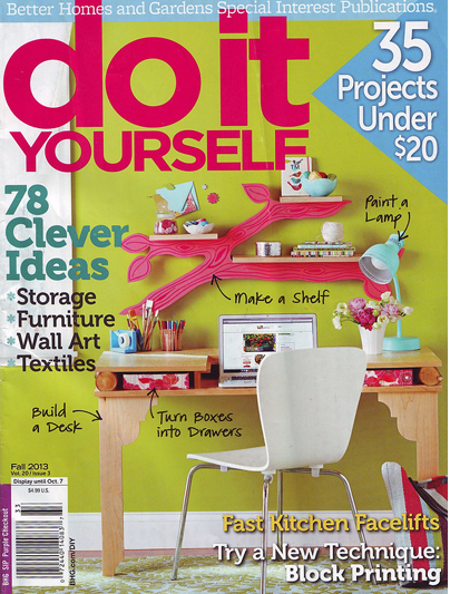 A magazine cover in blue, dark pinks, and mustard yellow with lots of text, shelf and desk ideas