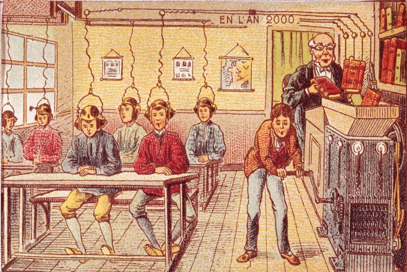 A graphic of six boys sitting at a table whose heads are wired into an overhead contraption while the teacher feeds books into a grinder that another boy is shredding.