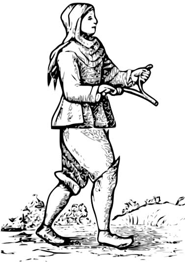 A graphic of a medieval man walking with a dowsing rod.