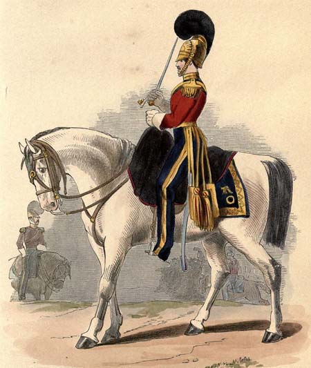 A soldier sitting on a white horse in profile in his dragoon uniform of a short red jacket, black pants with a gold stripe down the outside of his leg and a gold ornate style of metal combat helmet topped with a thick black plume curling forward, a sword in his upraised right hand.